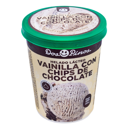 Helado vainilla chips marca Dos Pinos, Envase 499g