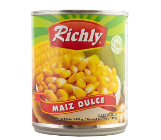 Maíz dulce, Marca Richly, Lata 240 g