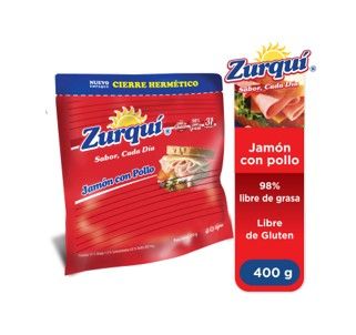 Jamón con Pollo Zipack, Marca Zurqui, 400g
