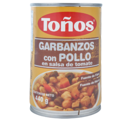 Garbanzos con pollo en salsa toños lata 440g